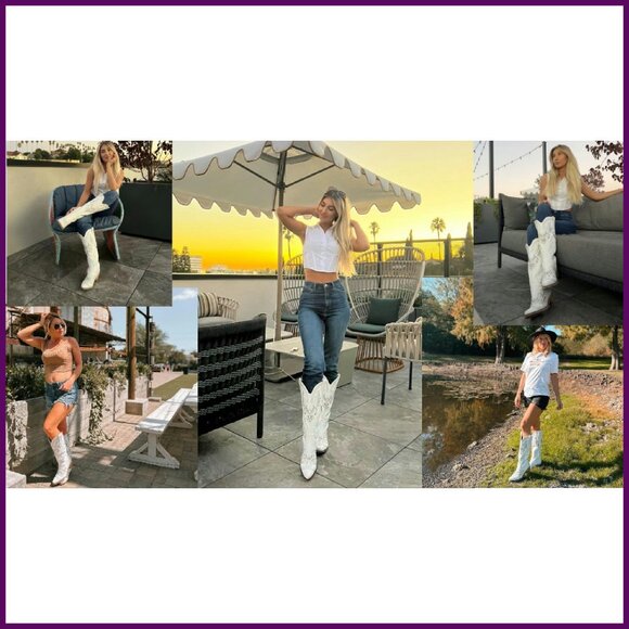 Knee High Western Cowgirl Boots, Rhinestone Embroidered, Chunky Heel, Size 5-13 - Picture 7 of 8